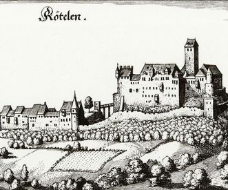 Reproduktion einer Radierung mit dem Motiv von Schloss Rötteln nach Matthäus Merian
