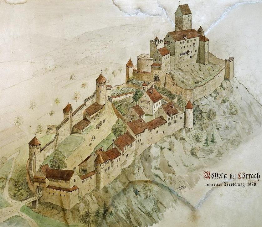 Zeichnung aus dem 20.Jahrhundert von Burg Rötteln aus der Luft im Zustand vor 1678