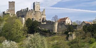 Burgruine Rötteln mit blühenden Obstbäumen im Vordergrund