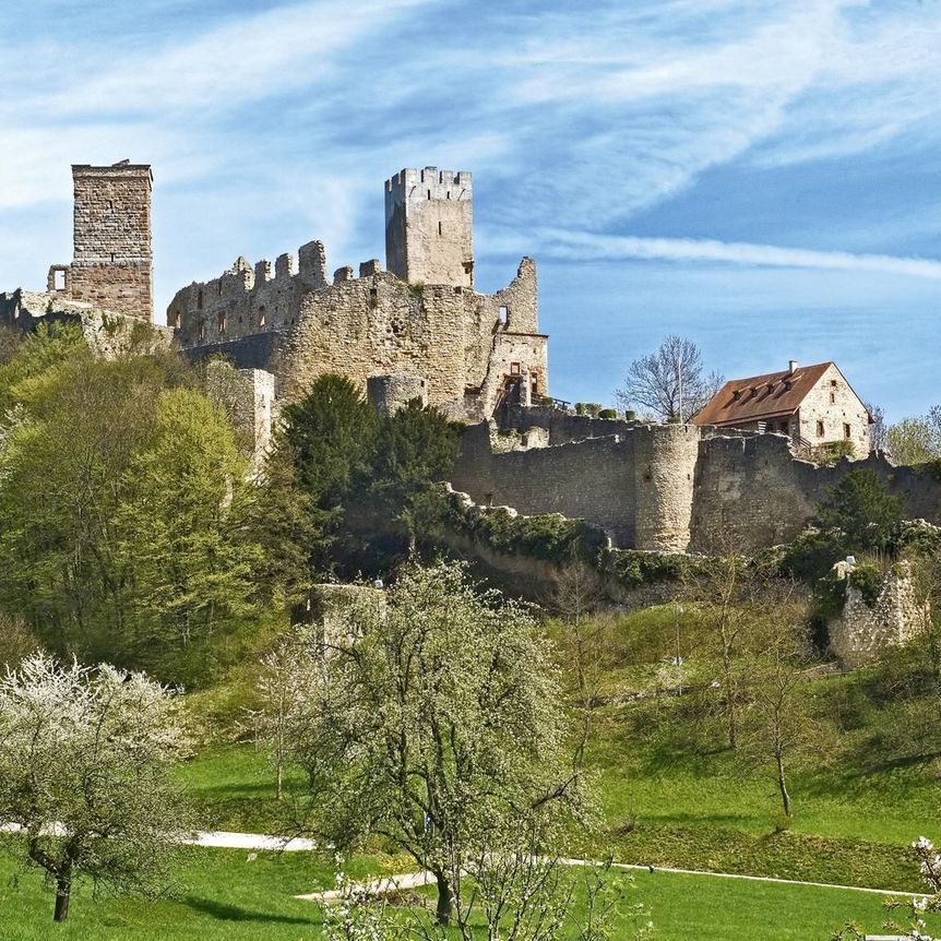 Burg Rötteln, Blick auf die Anlage mit zwei Türmen 